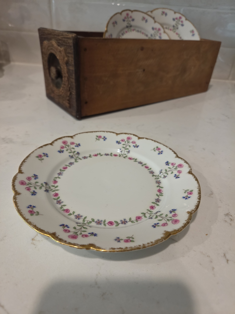 Limoges France Fine Porcelain Dessert Plate in White with Pink Floral Gold Trim